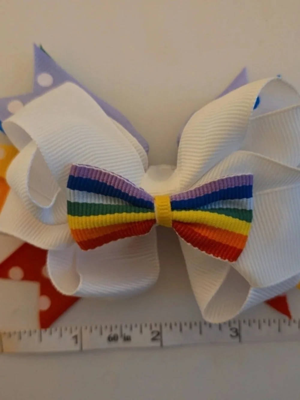 White Hair Bow with Rainbow Accent - Kids